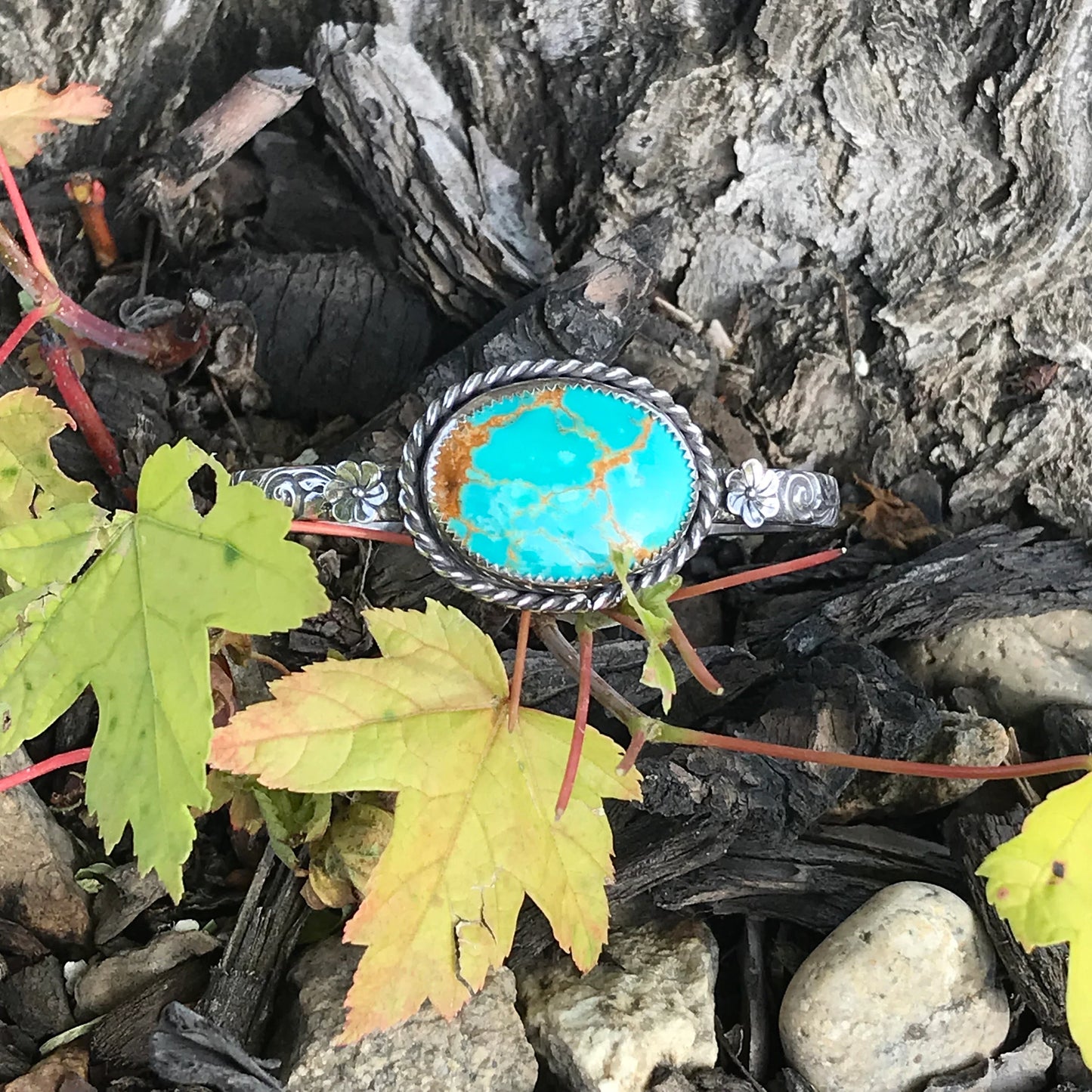 Golden Web Kingman Turquoise with Silver Flowers Cuff Bracelet