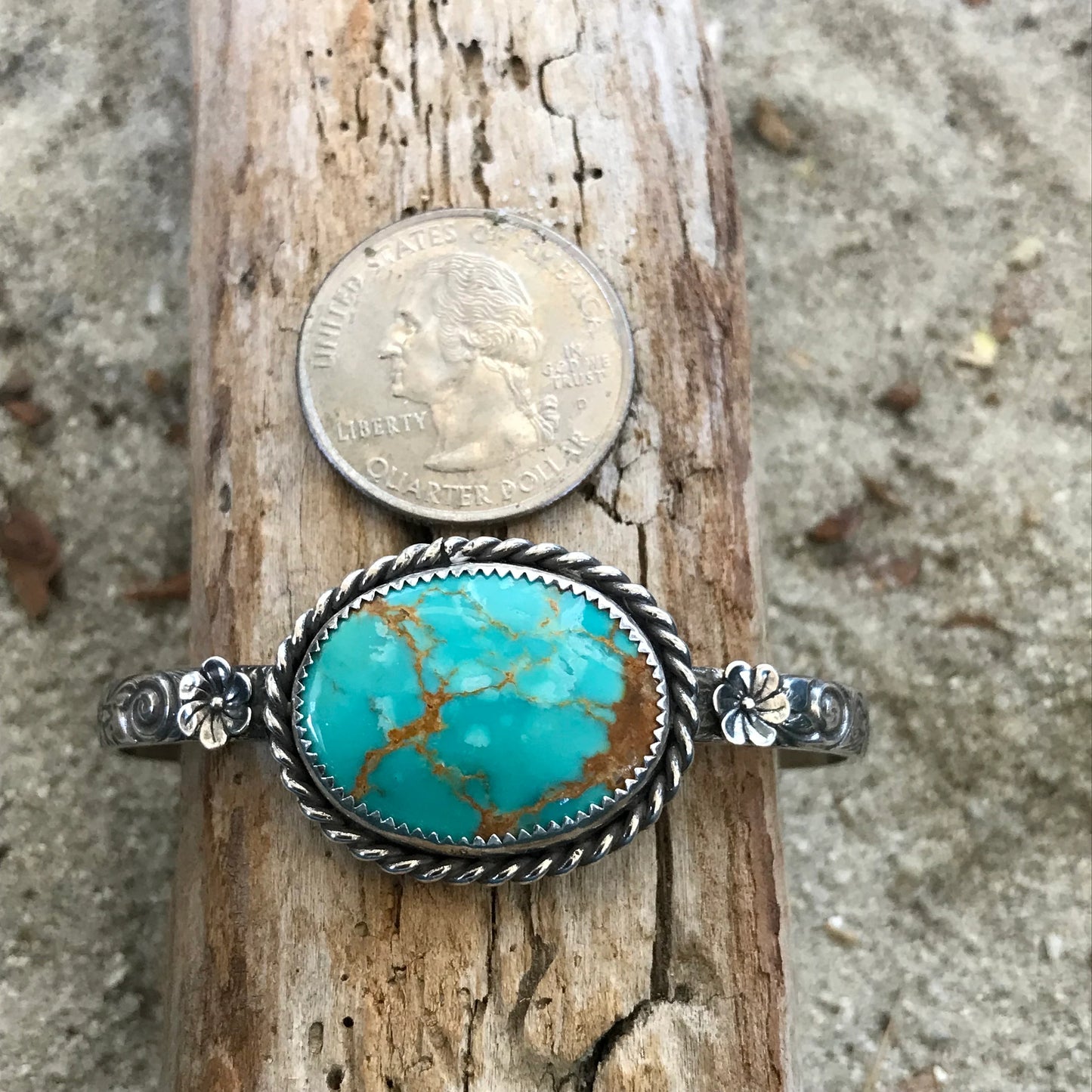 Golden Web Kingman Turquoise with Silver Flowers Cuff Bracelet