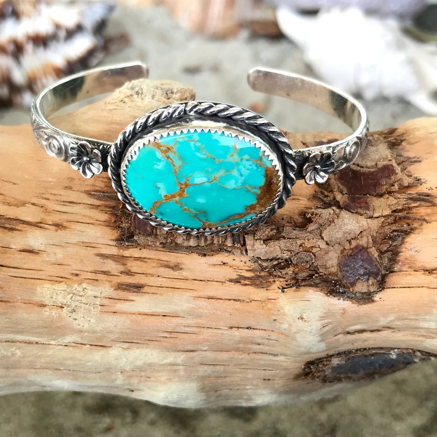 Golden Web Kingman Turquoise with Silver Flowers Cuff Bracelet