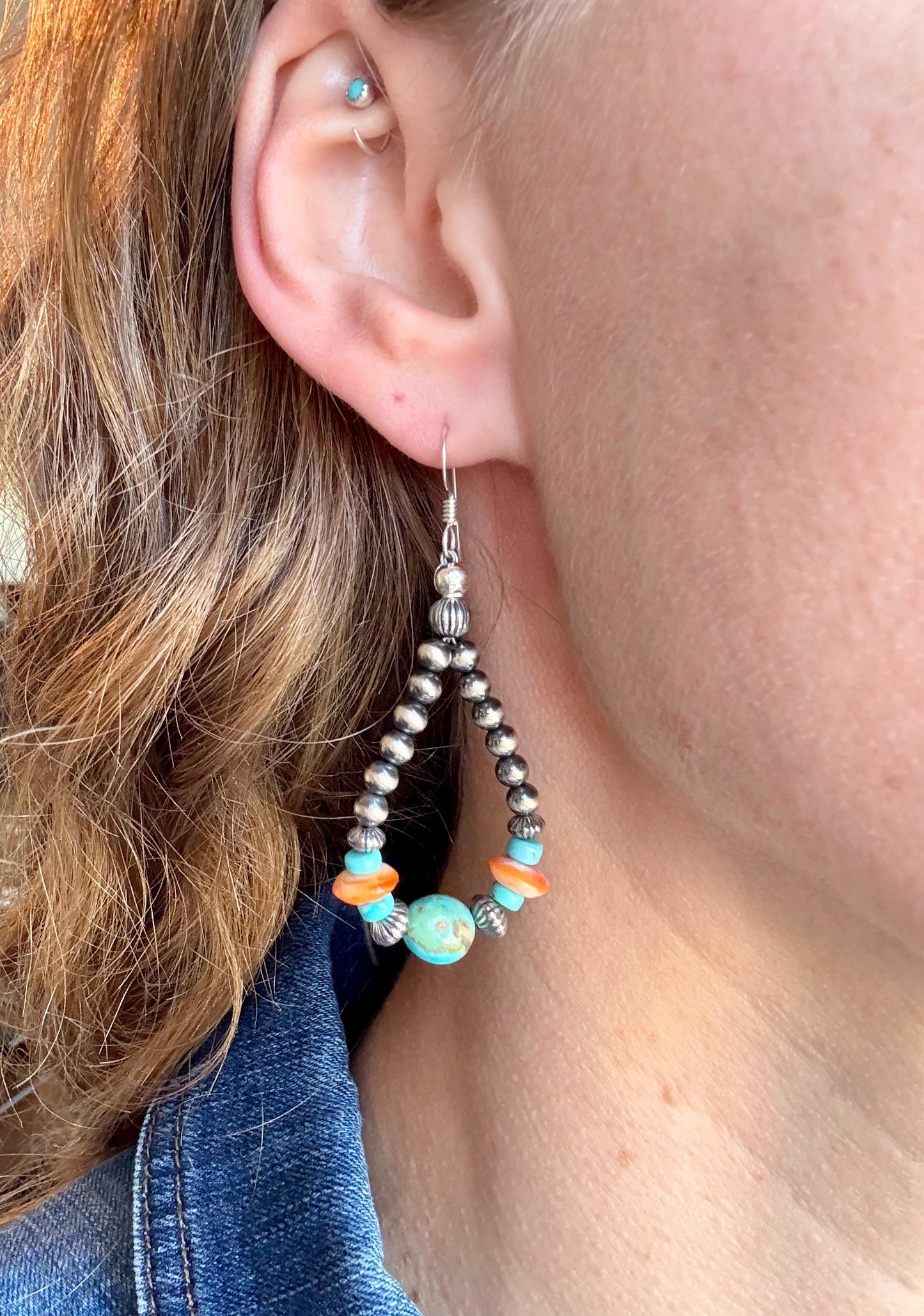 Silver Pearl Navajo Style Beaded Earrings with KingmanTurquoise & Orange Spiny Oyster