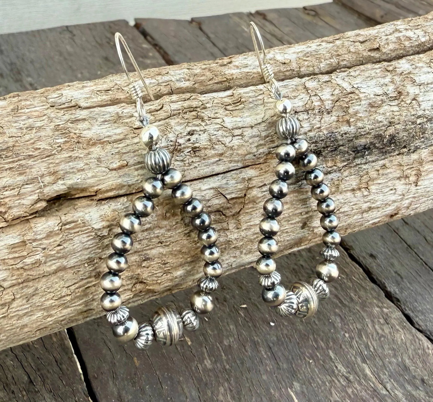 Silver Pearl Navajo Style Beaded Dangle Earrings