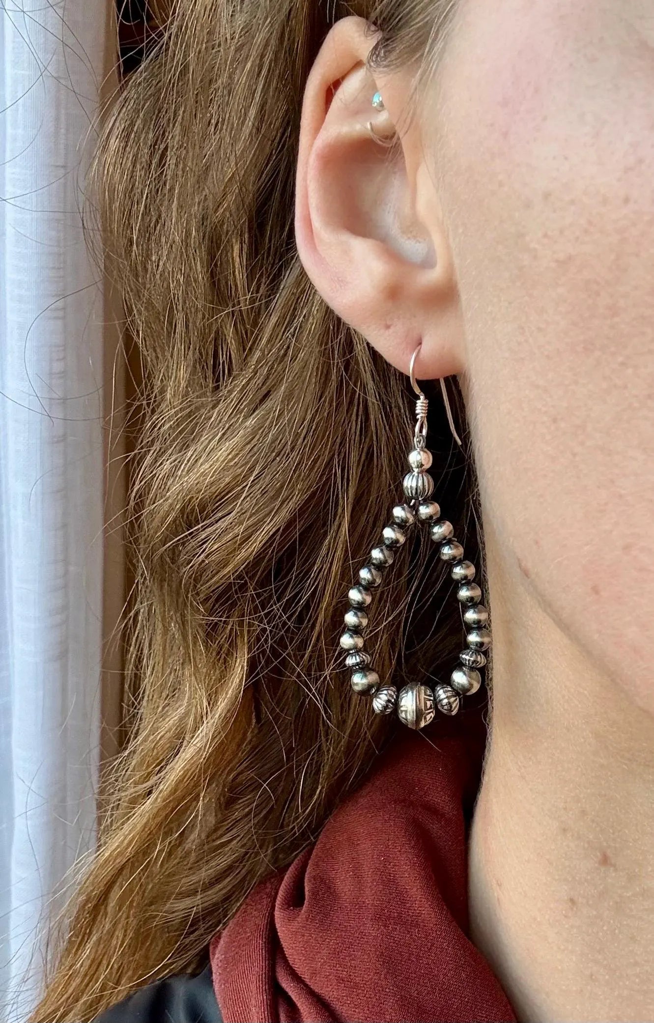 Silver Pearl Navajo Style Beaded Dangle Earrings