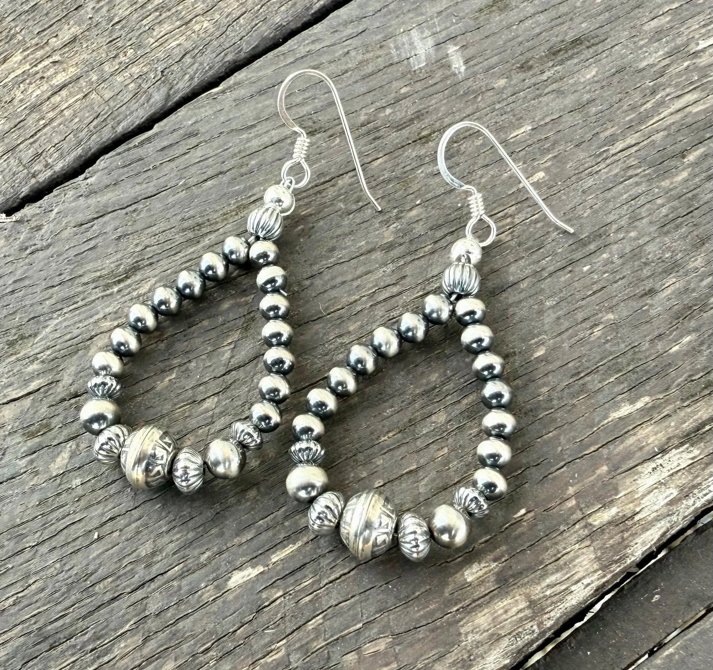 Silver Pearl Navajo Style Beaded Dangle Earrings