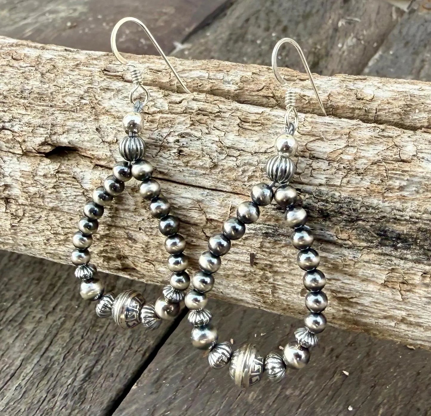 Silver Pearl Navajo Style Beaded Dangle Earrings