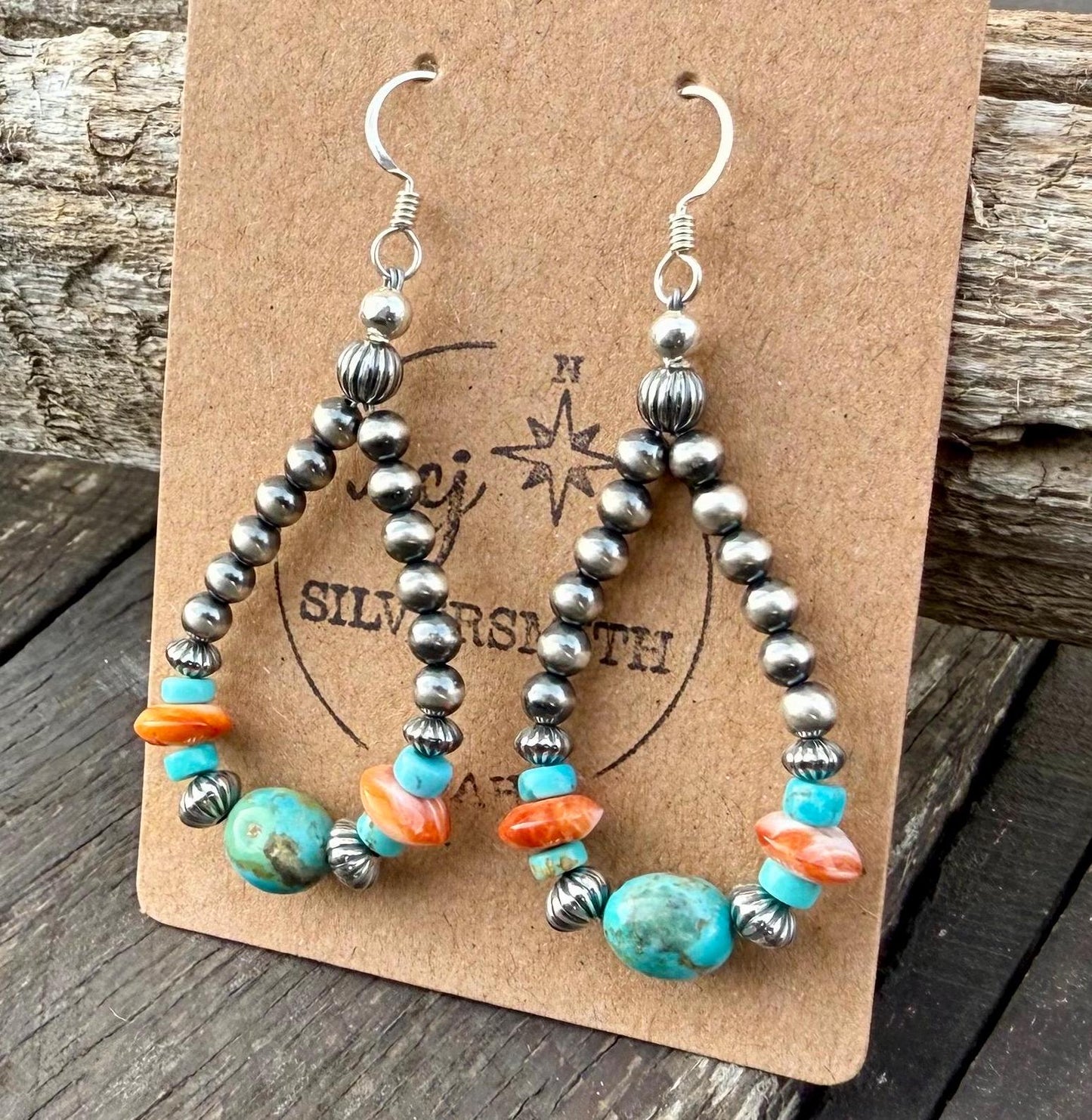 Silver Pearl Navajo Style Beaded Earrings with KingmanTurquoise & Orange Spiny Oyster