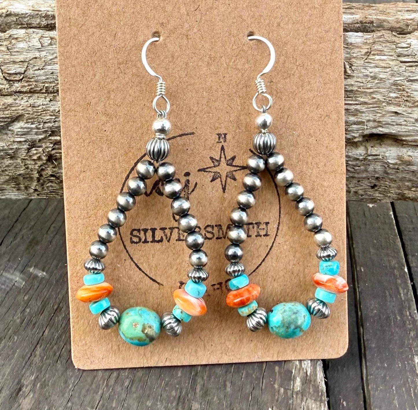 Silver Pearl Navajo Style Beaded Earrings with KingmanTurquoise & Orange Spiny Oyster