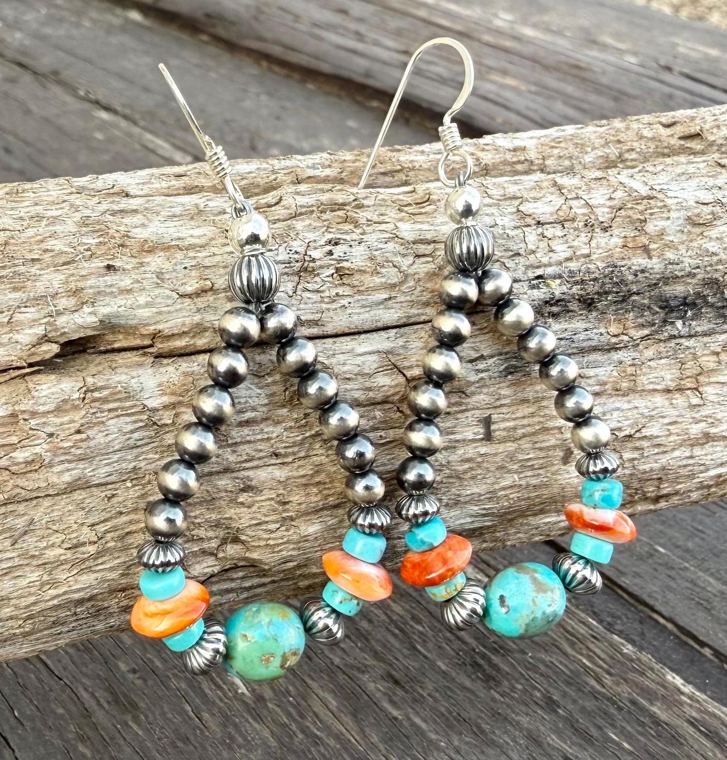 Silver Pearl Navajo Style Beaded Earrings with KingmanTurquoise & Orange Spiny Oyster