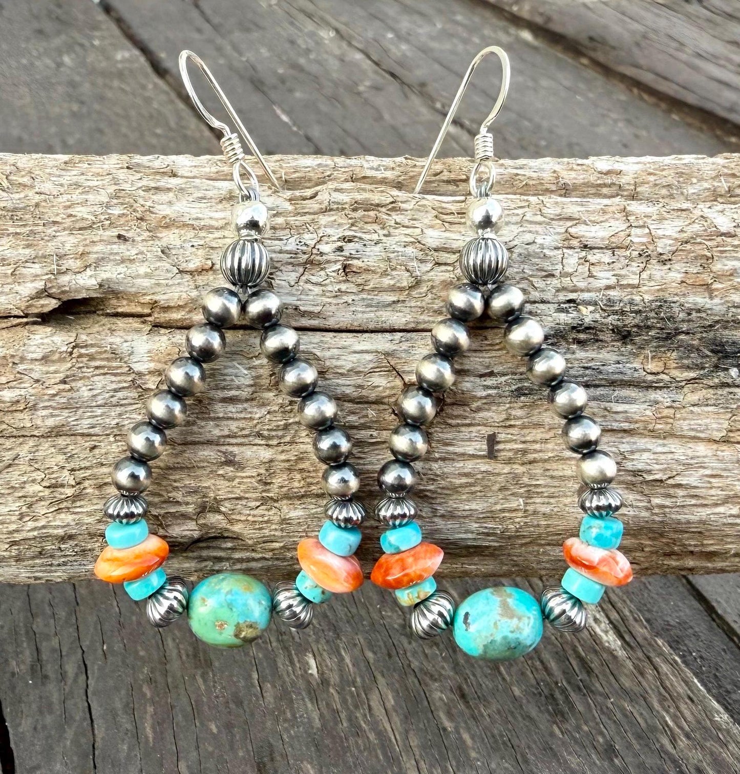 Silver Pearl Navajo Style Beaded Earrings with KingmanTurquoise & Orange Spiny Oyster