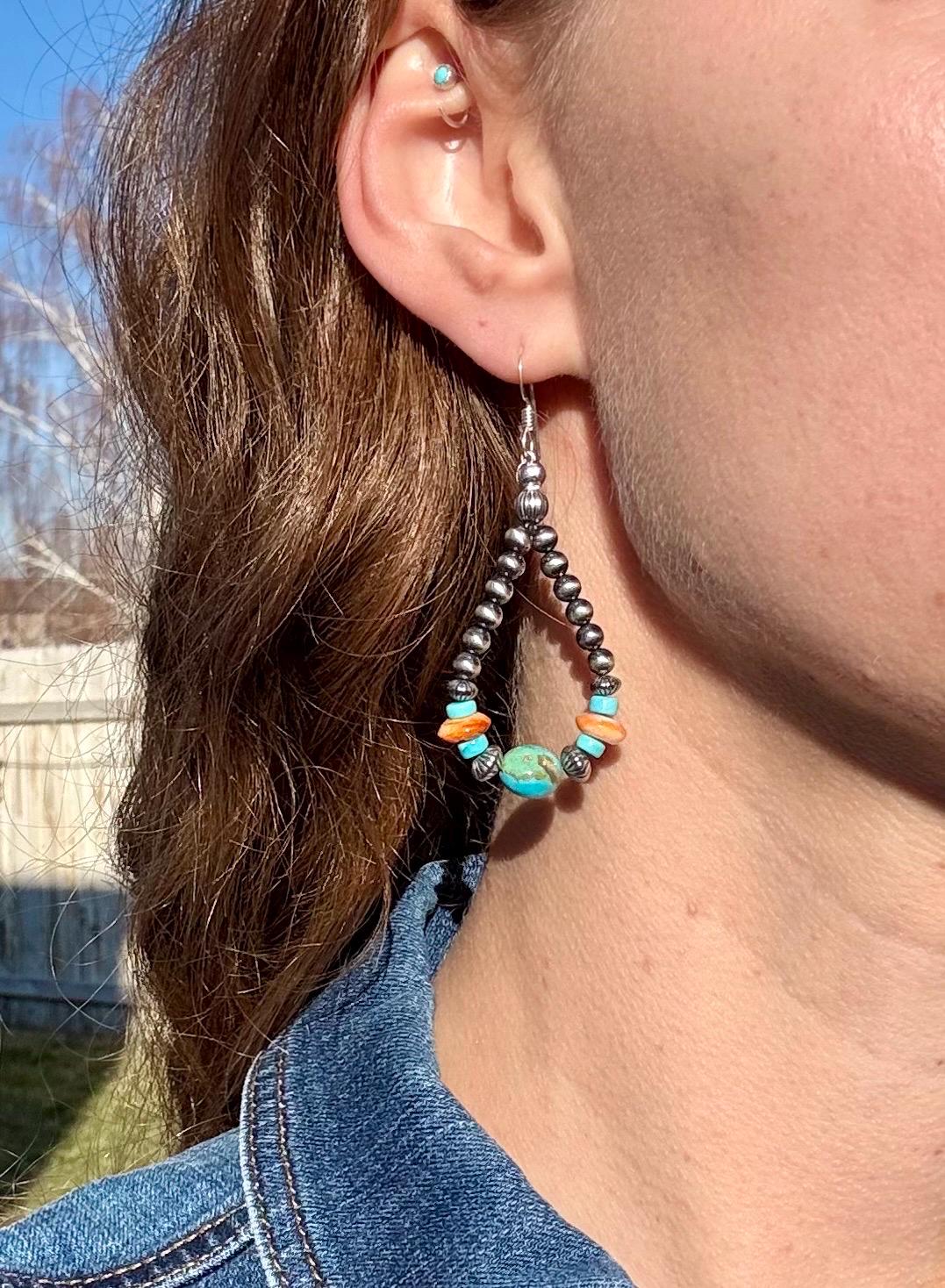 Silver Pearl Navajo Style Beaded Earrings with KingmanTurquoise & Orange Spiny Oyster