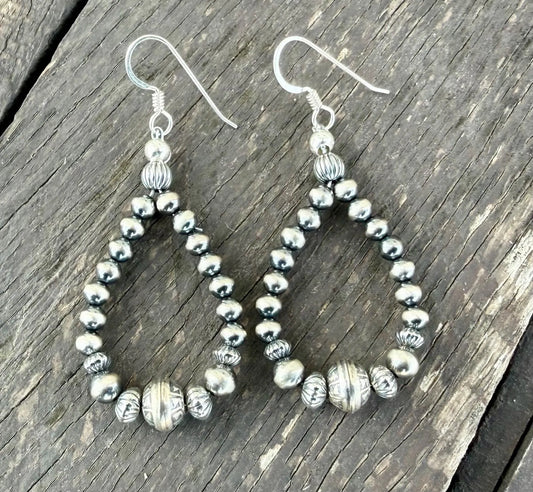 Silver Pearl Navajo Style Beaded Dangle Earrings