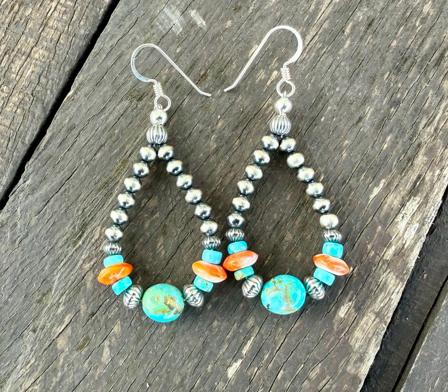 Silver Pearl Navajo Style Beaded Earrings with KingmanTurquoise & Orange Spiny Oyster