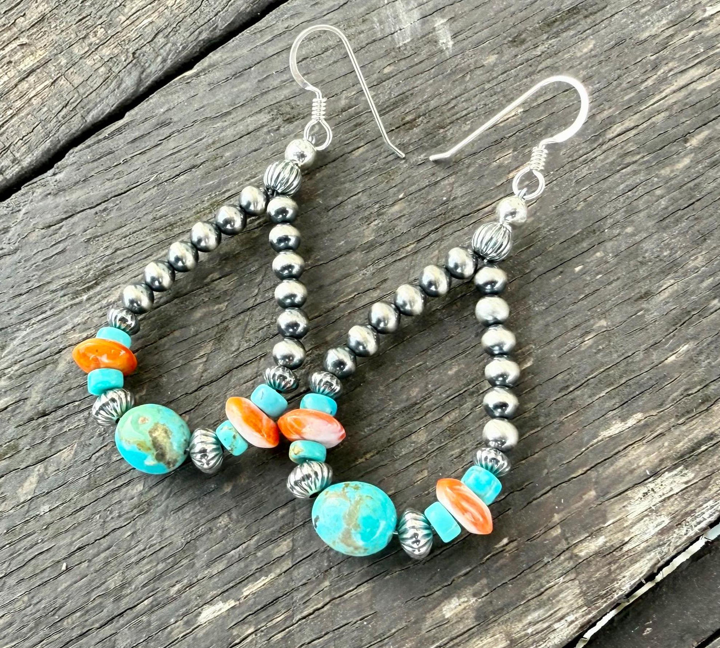 Silver Pearl Navajo Style Beaded Earrings with KingmanTurquoise & Orange Spiny Oyster