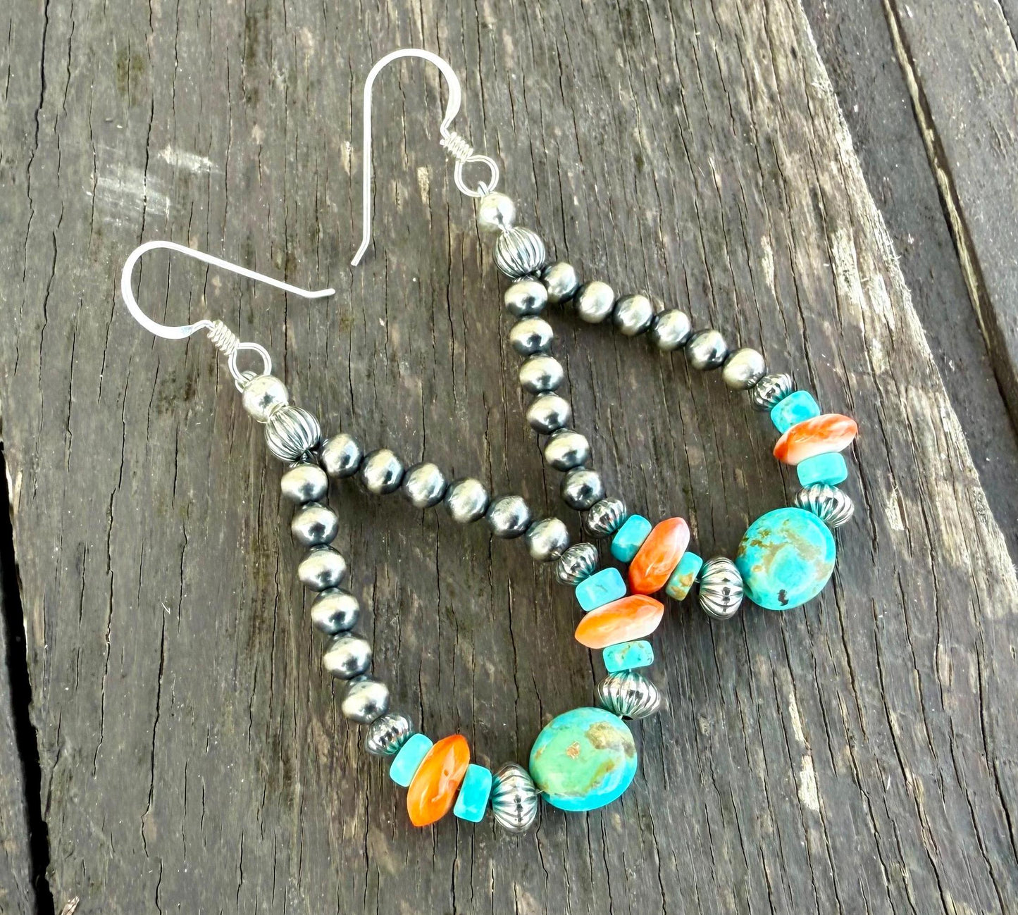 Silver Pearl Navajo Style Beaded Earrings with KingmanTurquoise & Orange Spiny Oyster