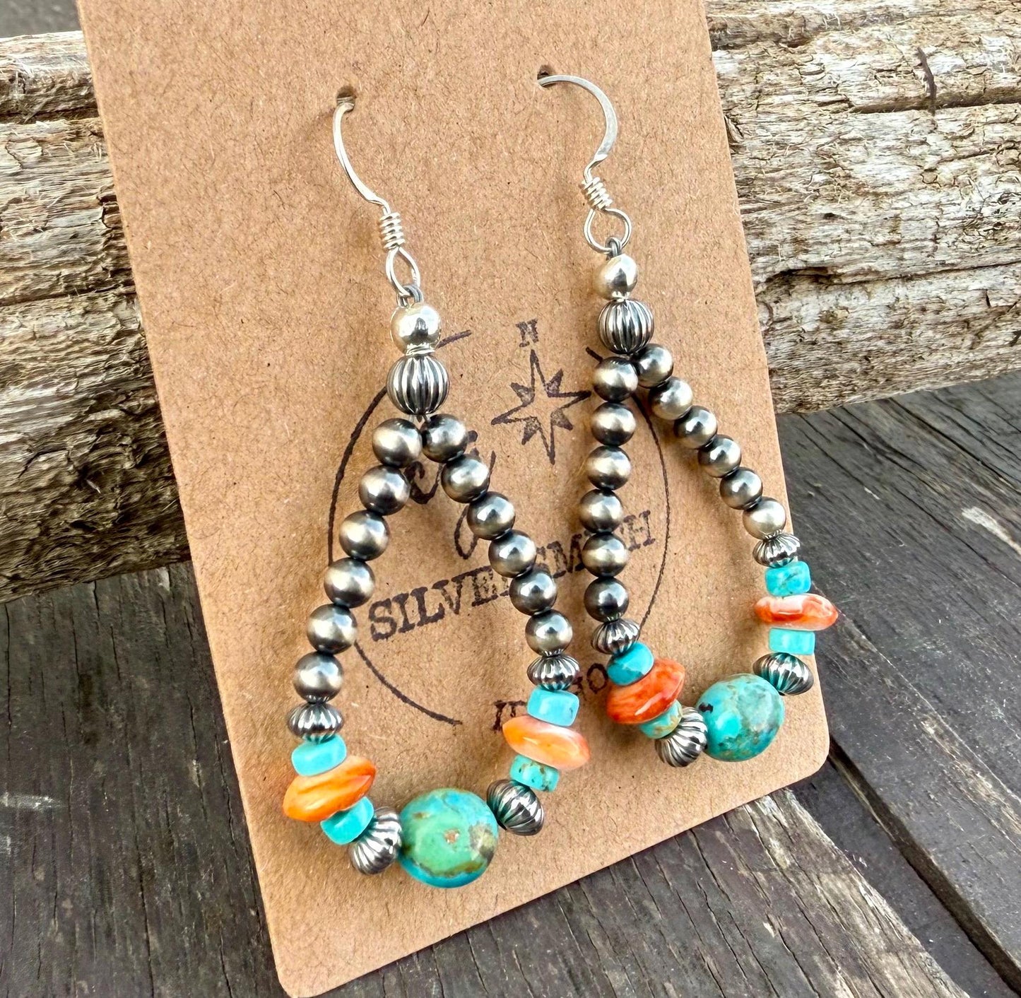 Silver Pearl Navajo Style Beaded Earrings with KingmanTurquoise & Orange Spiny Oyster